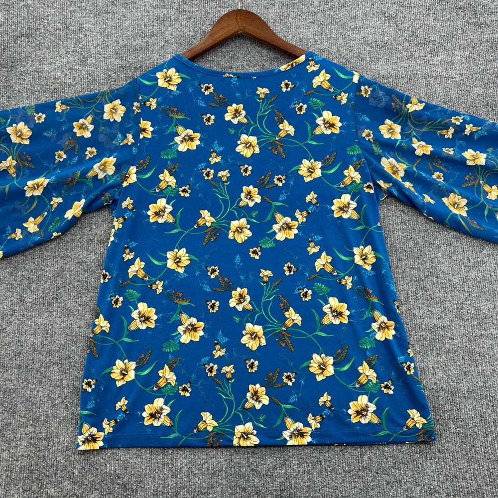 Floral Rhinestone Puff Sleeve Top Womens Medium Blue Sheer‎ Boho Cottage Party - Picture 12 of 12